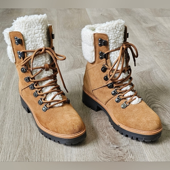 Marc Fisher Tan Suede Sherpa-Lined Lace-Up Winter Boots – Size 8M - Picture 1 of 12